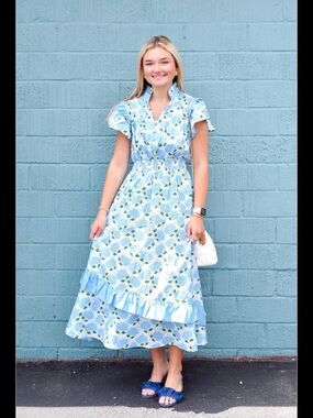Blue Floral Ruffle Midi Dress - Brand: